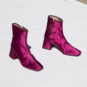 NWOT Suzanne Rae Fuchsia Heeled Boots Size 36.5 Square Toe Silk Ankle Boots